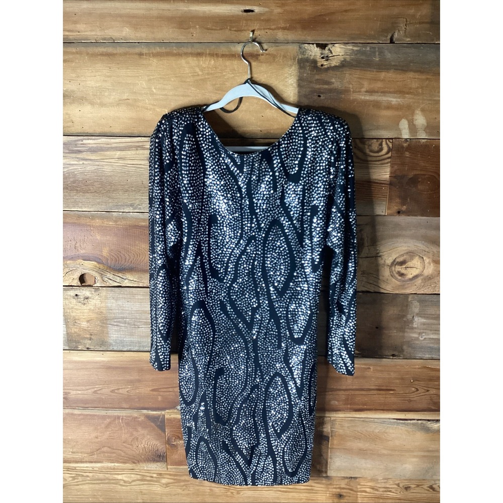 Vtg Ricki Lang for Nuit Black Rhinestone Patterned Sheath Dress Long Sleeve M